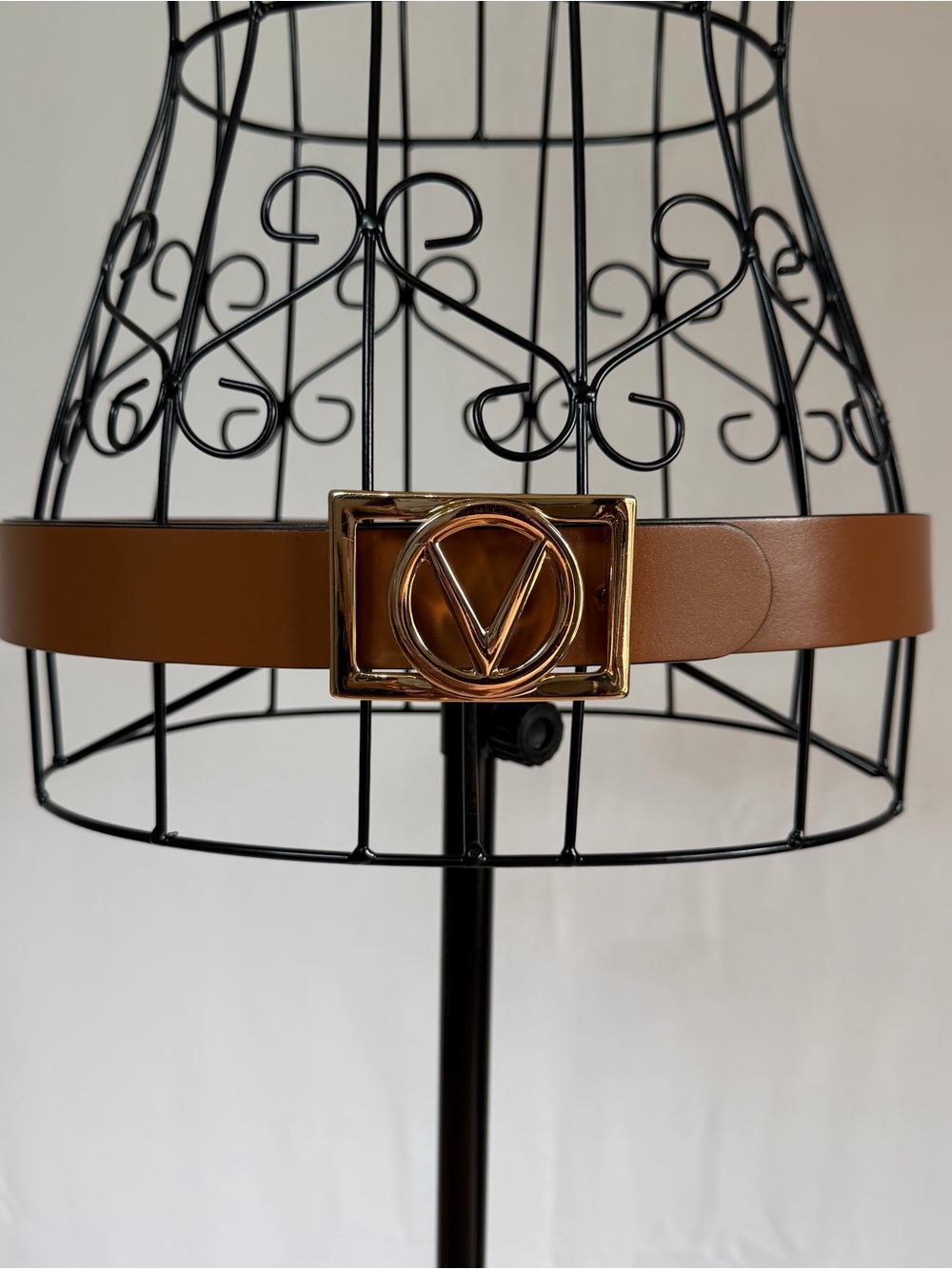 Mario Valentino Brown Leather Belt with Gold V Buckle